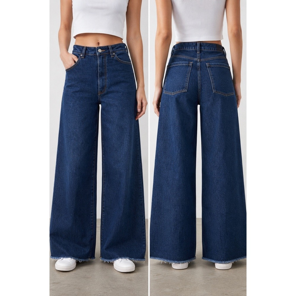 ZARA Women's High Rise Wide Leg Jeans Size 2 Dark Blue Raw Hem Denim - Picture 2 of 14